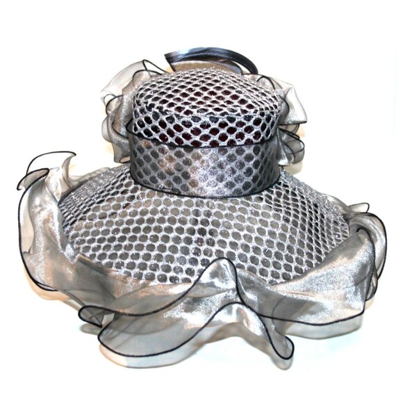 Womens Kentucky Derby Church Dress Hat Wide Brim Black Silver Tea Party Wedding main image 6